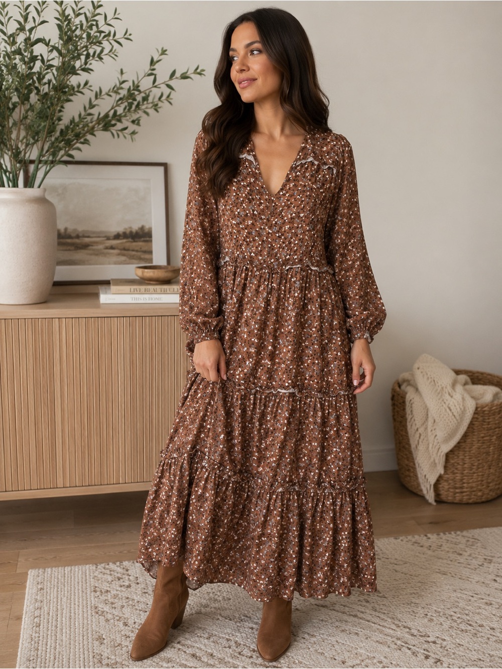 Rylee + Cru Brown Floral Tiered Maxi Dress